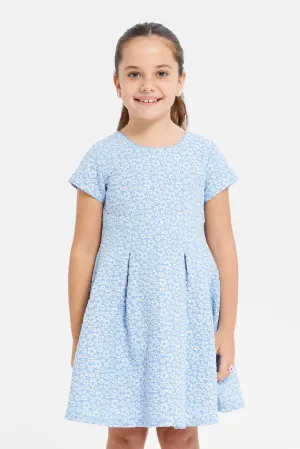 Girls Blue Floral Printed Dress