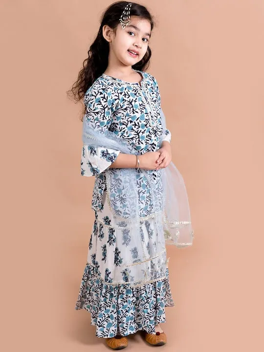 Girls Blue Floral Printed Gotta Patti Pure Cotton Kurti With Sharara Dupatta - Ps Peaches