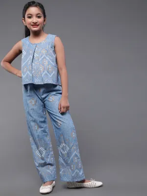 Girl's Blue Gold Printed Jumpsuit - Aks Girls