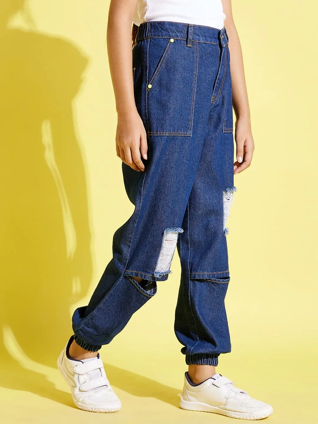 Girls Blue Knee Slit Denim Jogger Jeans - Lyush Kids