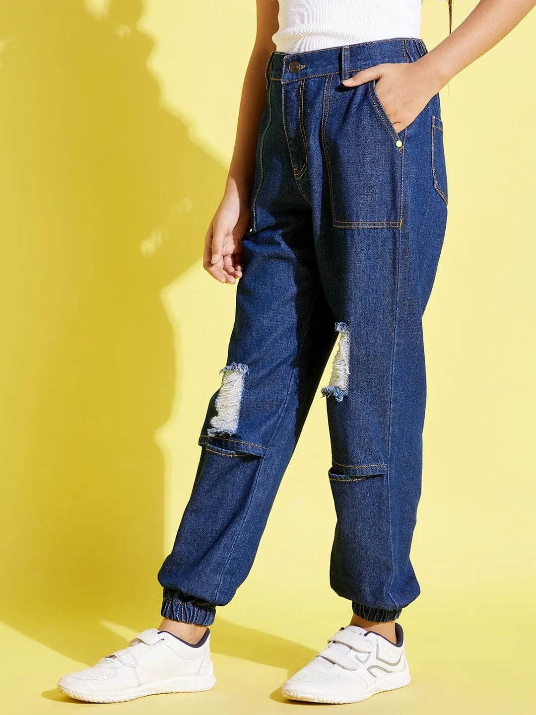 Girls Blue Knee Slit Denim Jogger Jeans - Lyush Kids