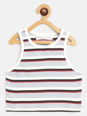 Girls Blue Multicolor Stripes Sleeveless Crop Rib Top - Lyush Kids