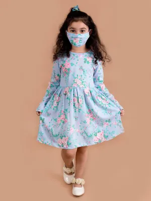 Girls Blue Pink Floral Printed A-Line Dress - Ps Peaches