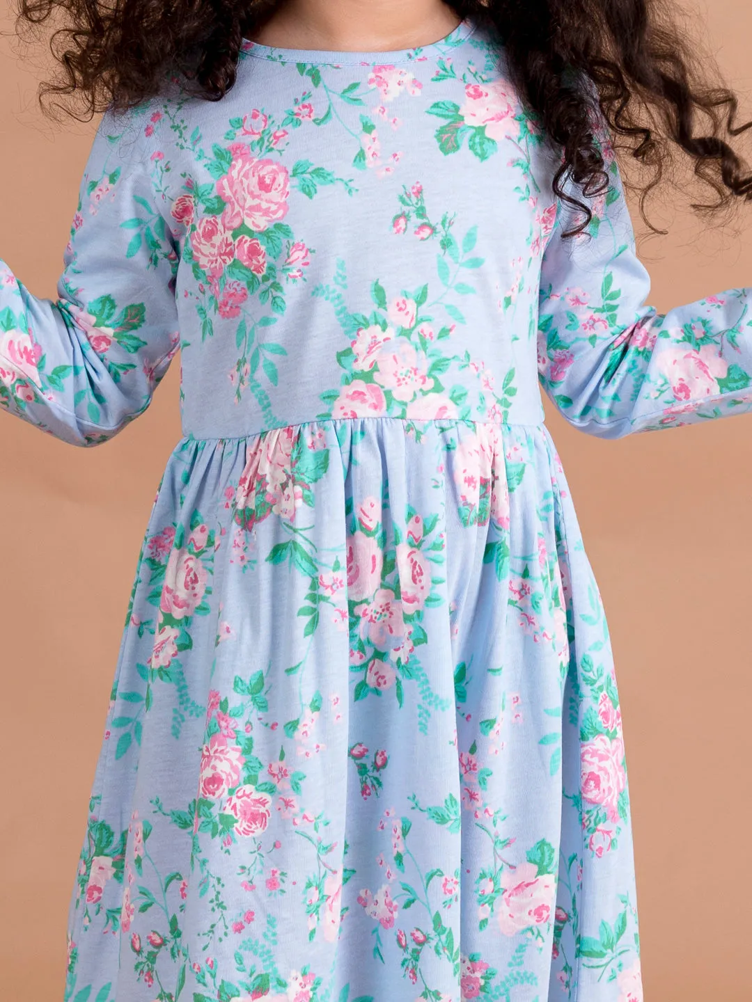 Girls Blue Pink Floral Printed A-Line Dress