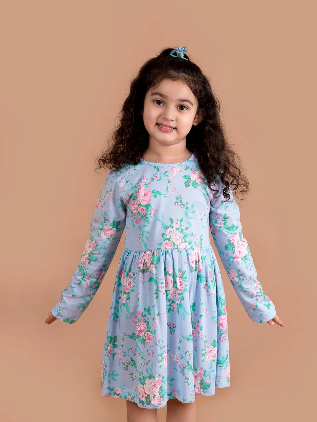 Girls Blue Pink Floral Printed A-Line Dress