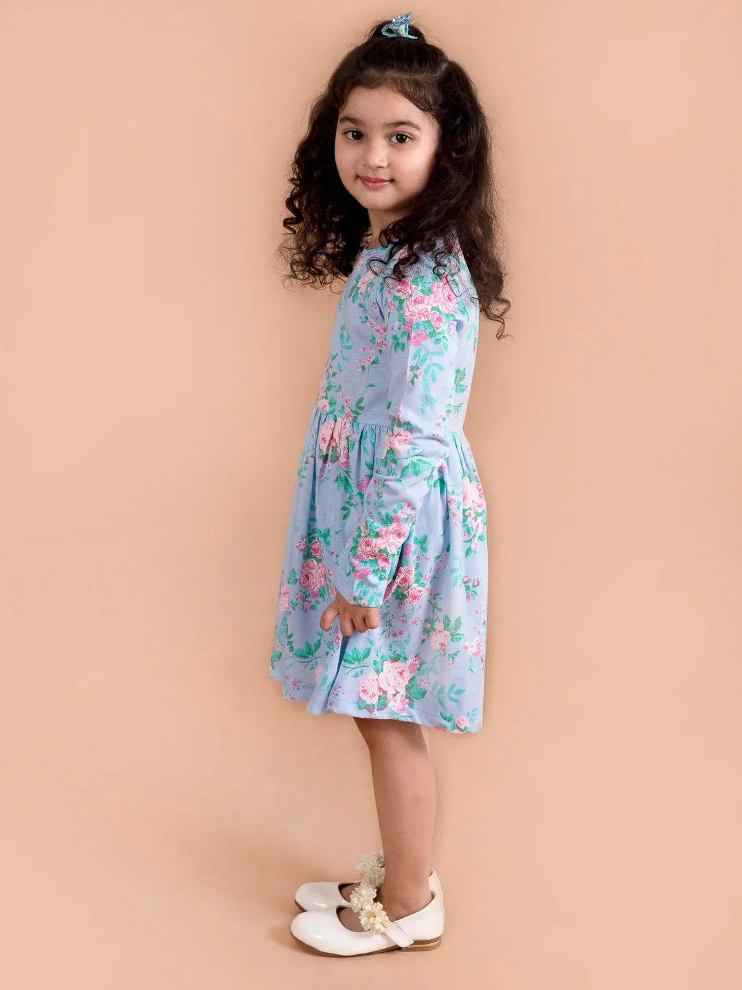 Girls Blue Pink Floral Printed A-Line Dress