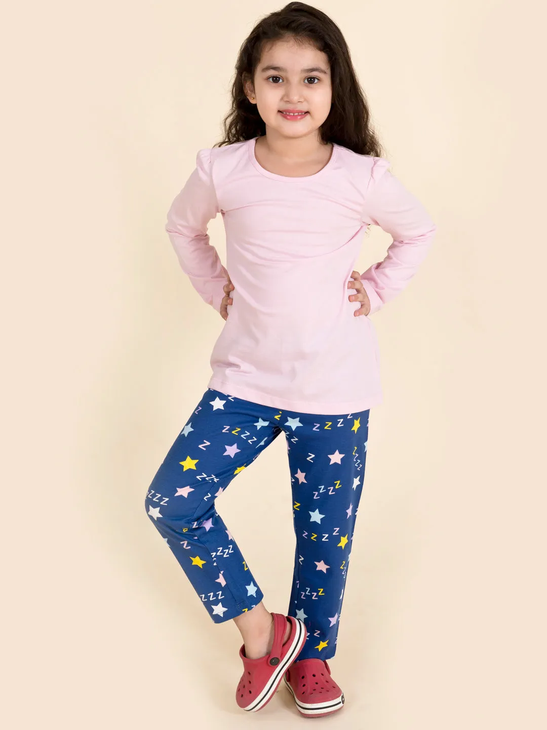 Girls Blue Pink Printed Pure Cotton 3 Pc Night Suit - Ps Peaches