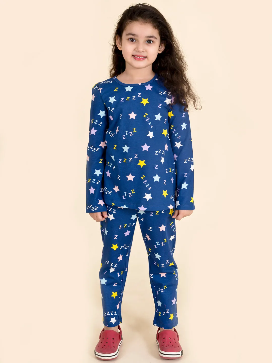 Girls Blue Pink Printed Pure Cotton 3 Pc Night Suit - Ps Peaches