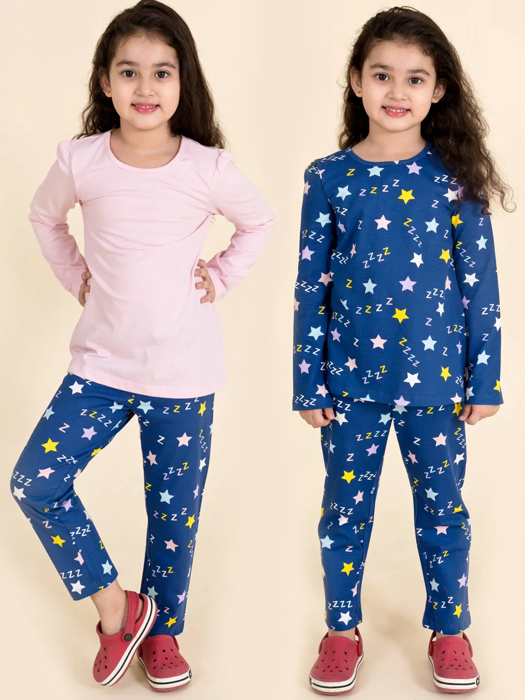 Girls Blue Pink Printed Pure Cotton 3 Pc Night Suit - Ps Peaches