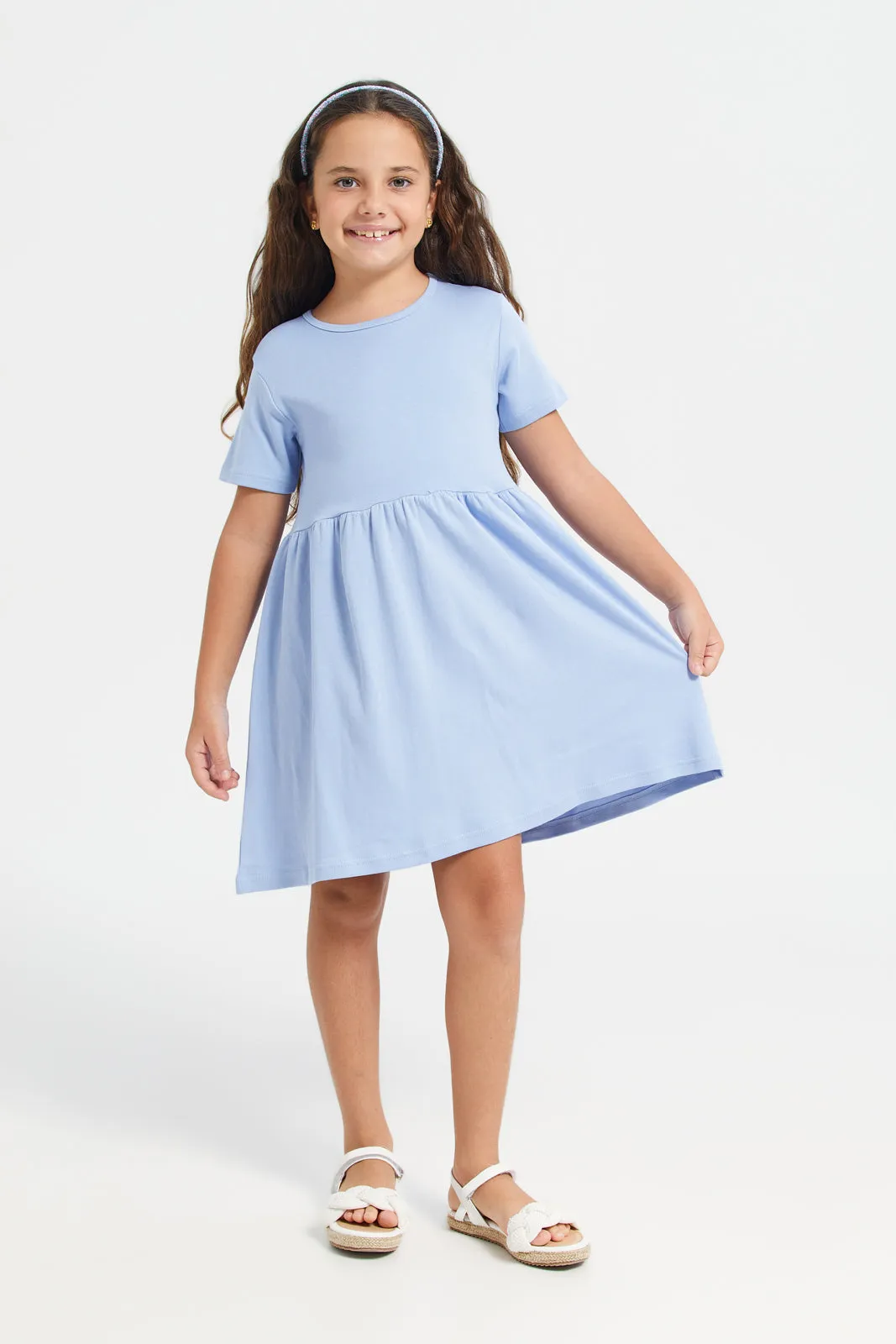 Girls Blue Plain Short Sleeve Dress