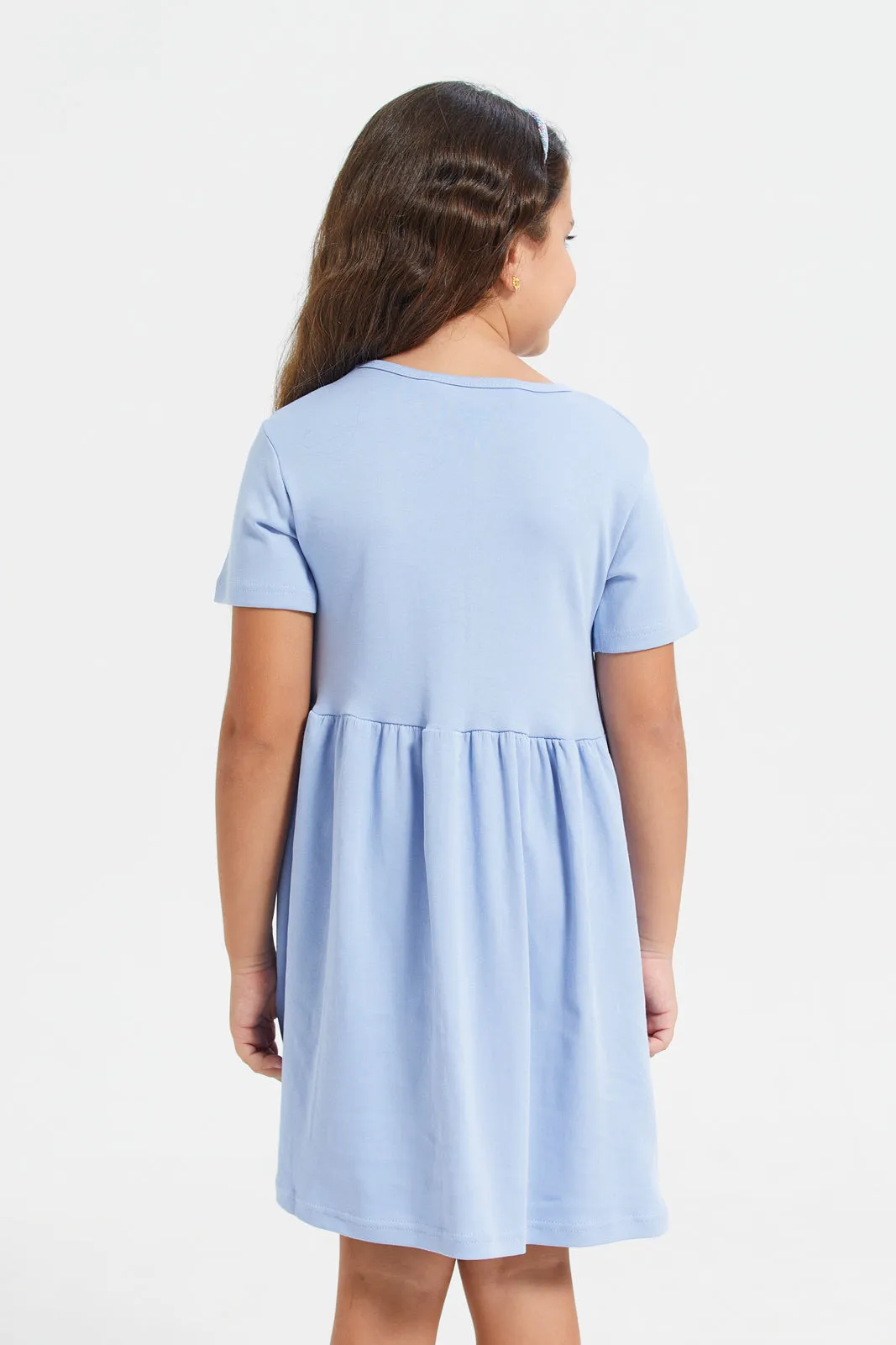 Girls Blue Plain Short Sleeve Dress