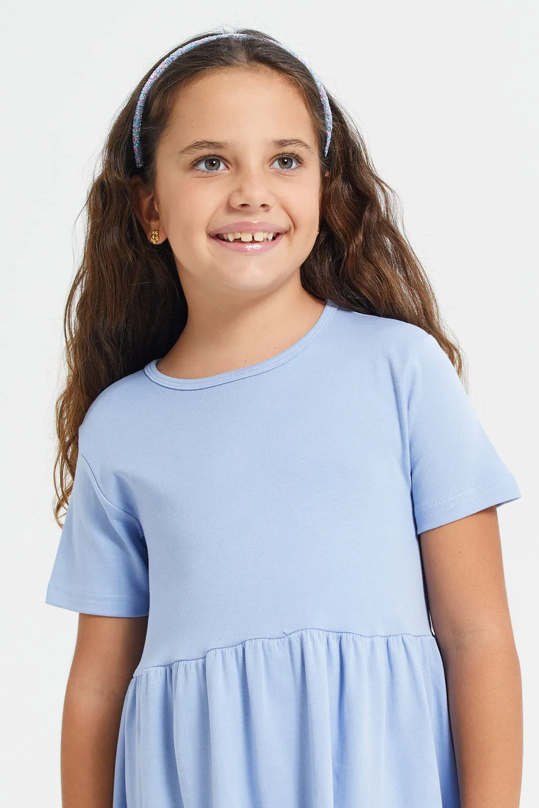 Girls Blue Plain Short Sleeve Dress