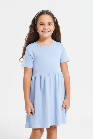 Girls Blue Plain Short Sleeve Dress