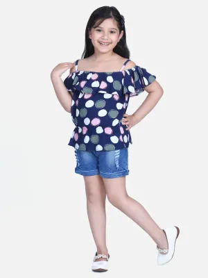 Girl's   Blue Polka Cold Shoulder Top With Denim Shorts - StyleStone Kid