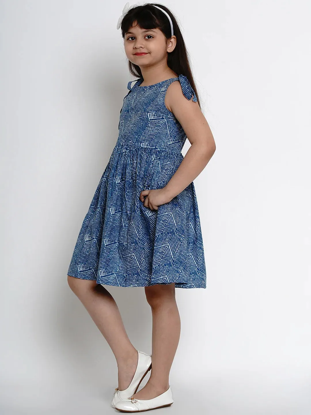 Girl's Blue Printed Fit And Flare Dress - Bitiya By Bhama