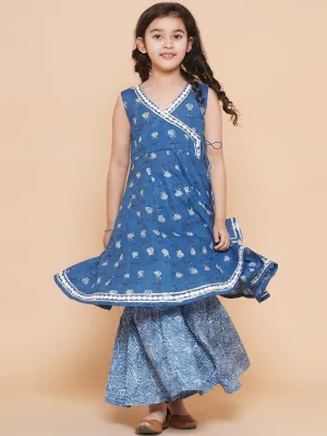 Girl's Blue Printed Kurta With Sharara - Bitiya By Bhama