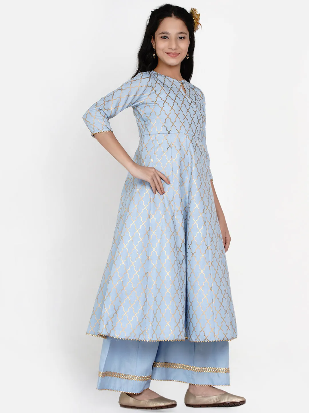 Girl's Blue Printed Regular Kurta With Palazzos - Bitiya By Bhama