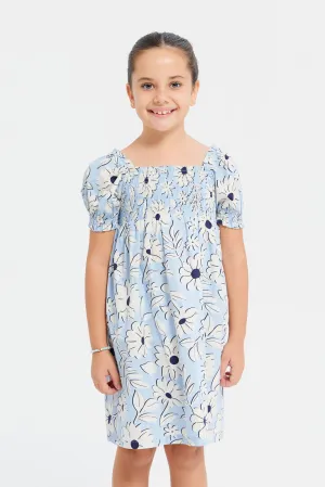 Girls Blue Printed Smocking Tiered Dress