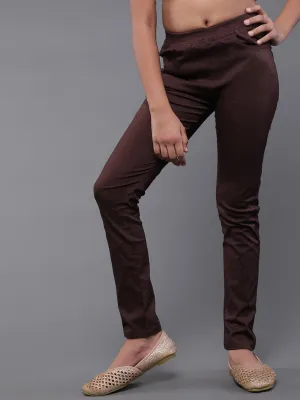 Girl's Brown Solid Cigarette Trousers - Aks Girls