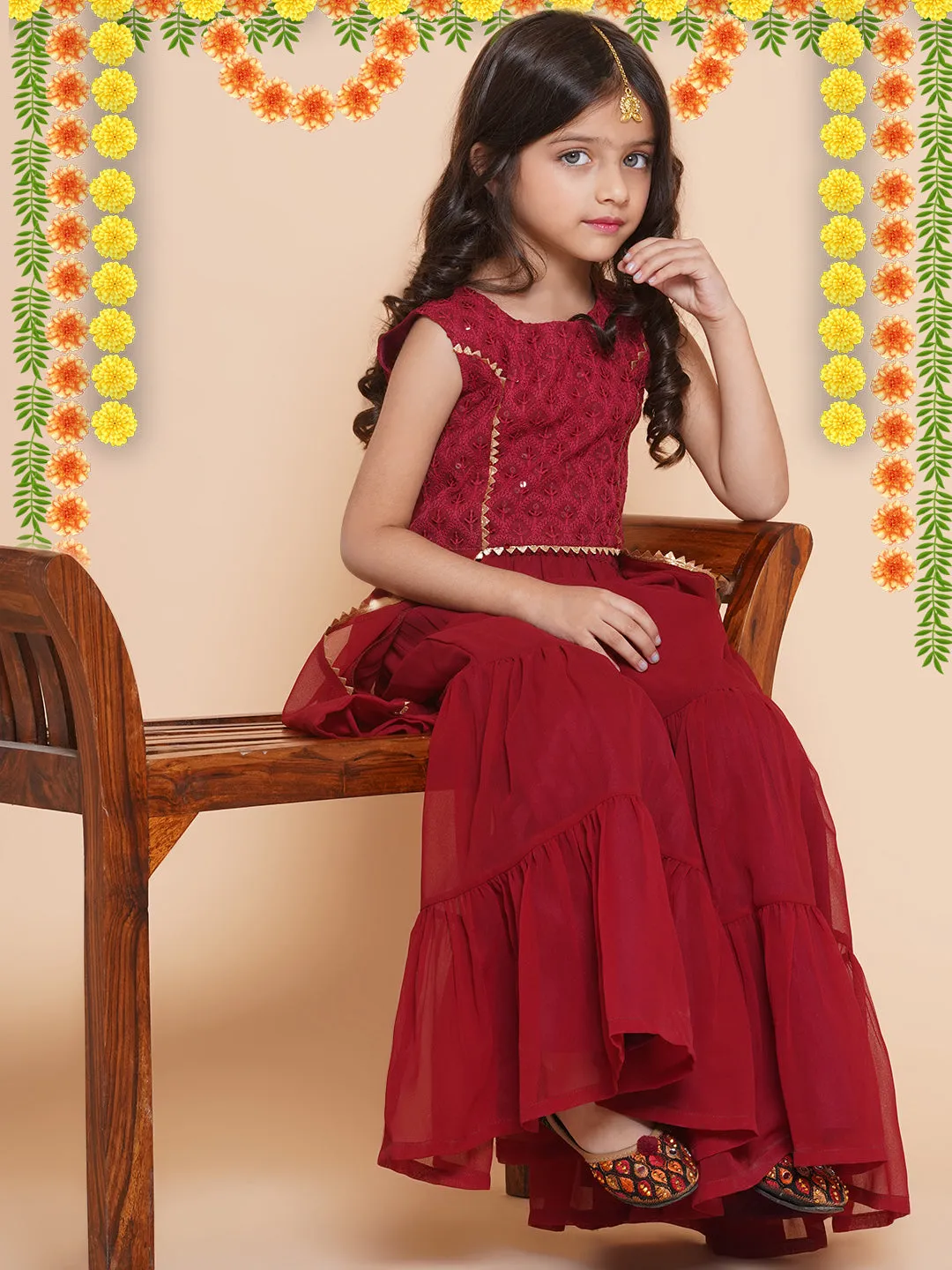 Girl's Burgandy  Self Design Poly Georgette Straight Kurta With Sharara - Bitiya By Bhama