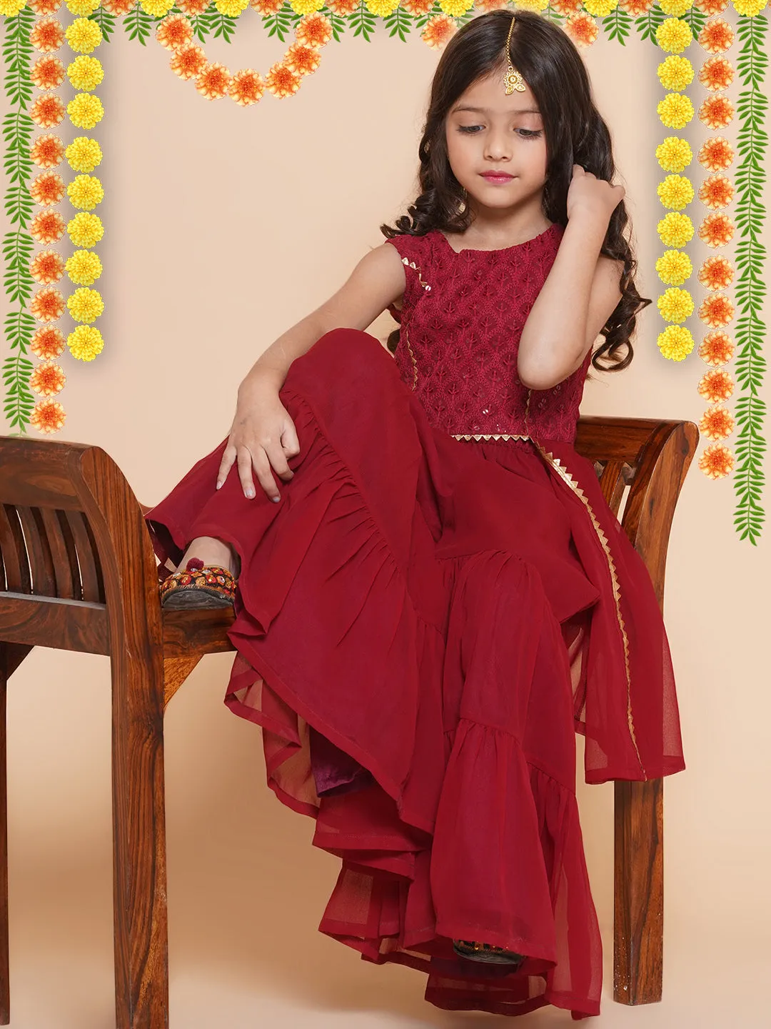 Girl's Burgandy  Self Design Poly Georgette Straight Kurta With Sharara - Bitiya By Bhama