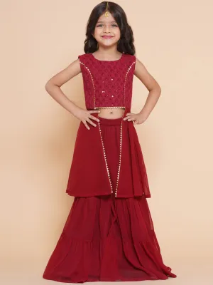 Girl's Burgandy  Self Design Poly Georgette Straight Kurta With Sharara - Bitiya By Bhama