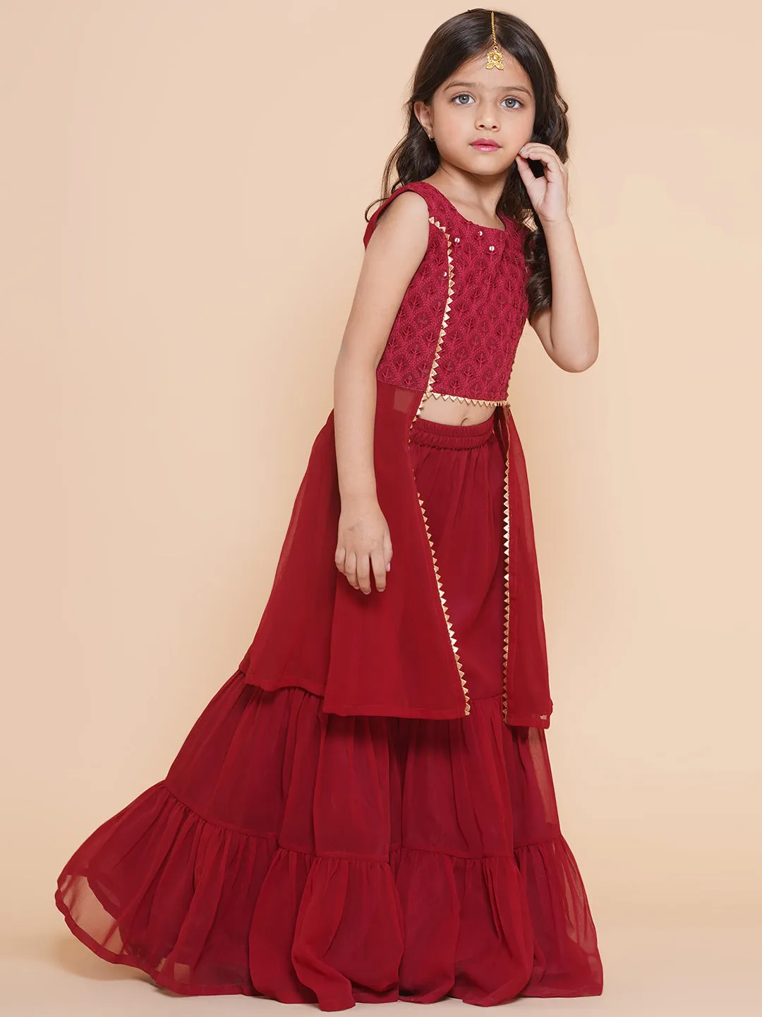 Girl's Burgandy  Self Design Poly Georgette Straight Kurta With Sharara - Bitiya By Bhama