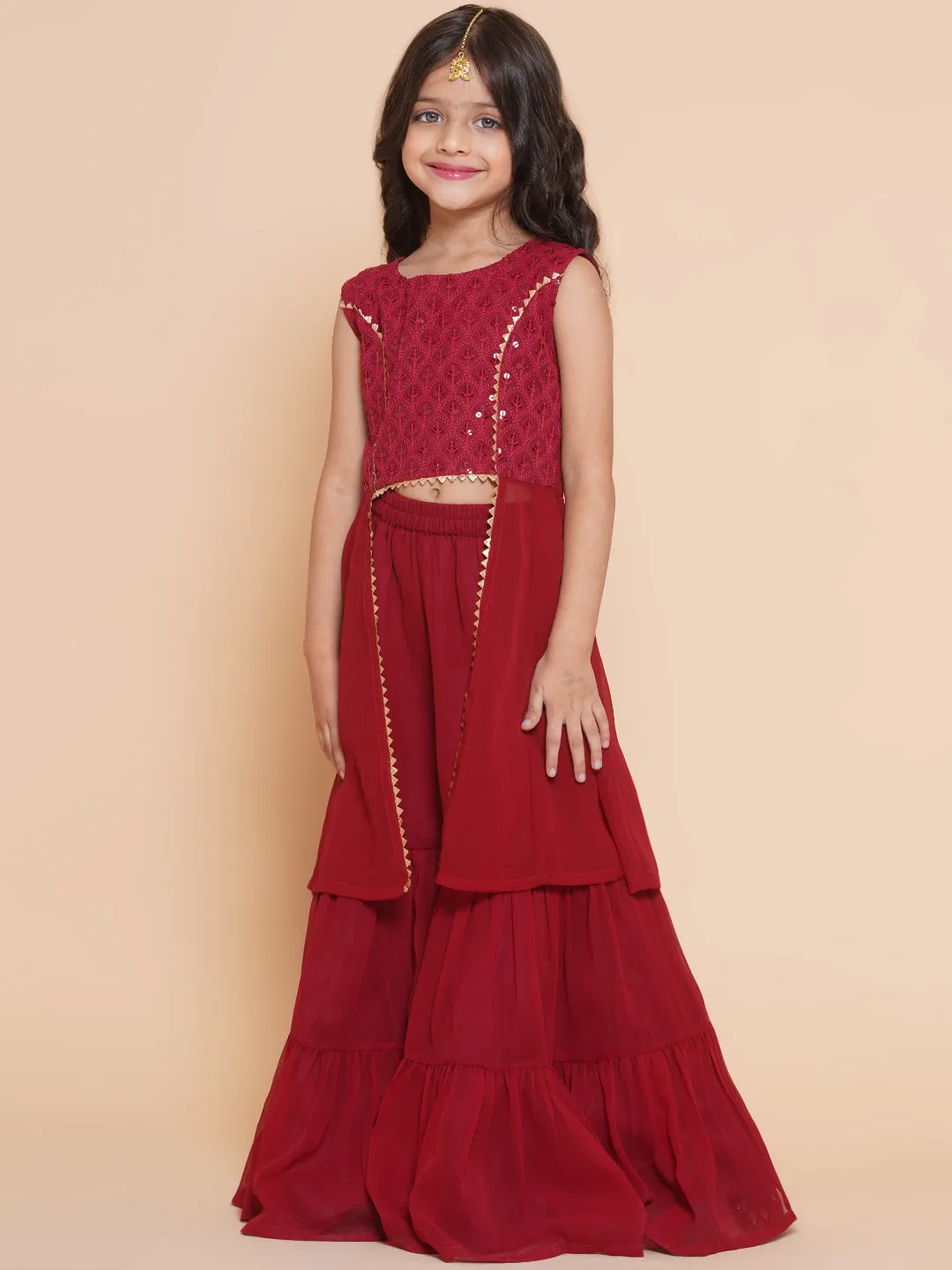 Girl's Burgandy  Self Design Poly Georgette Straight Kurta With Sharara - Bitiya By Bhama