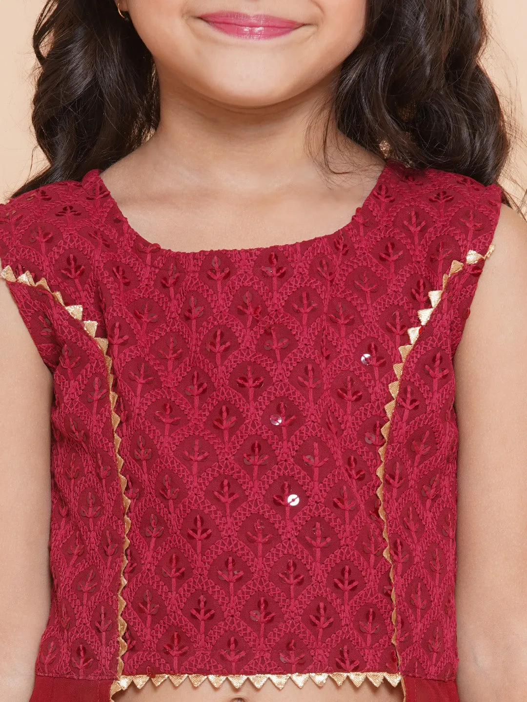 Girl's Burgandy  Self Design Poly Georgette Straight Kurta With Sharara - Bitiya By Bhama