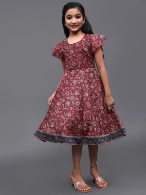 Girl's Burgundy Chanderi Floral Printed Flared Dress - Aks Girls