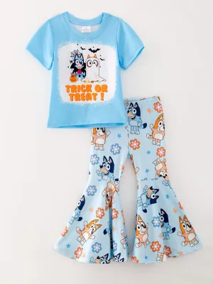 Girls Cartoon Print Top Bell-Bottom Pants Milk Silk Outfits