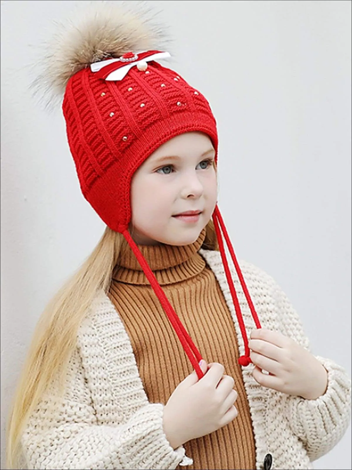 Girls Casual Fall Cable Knit Pom Pom Beanie