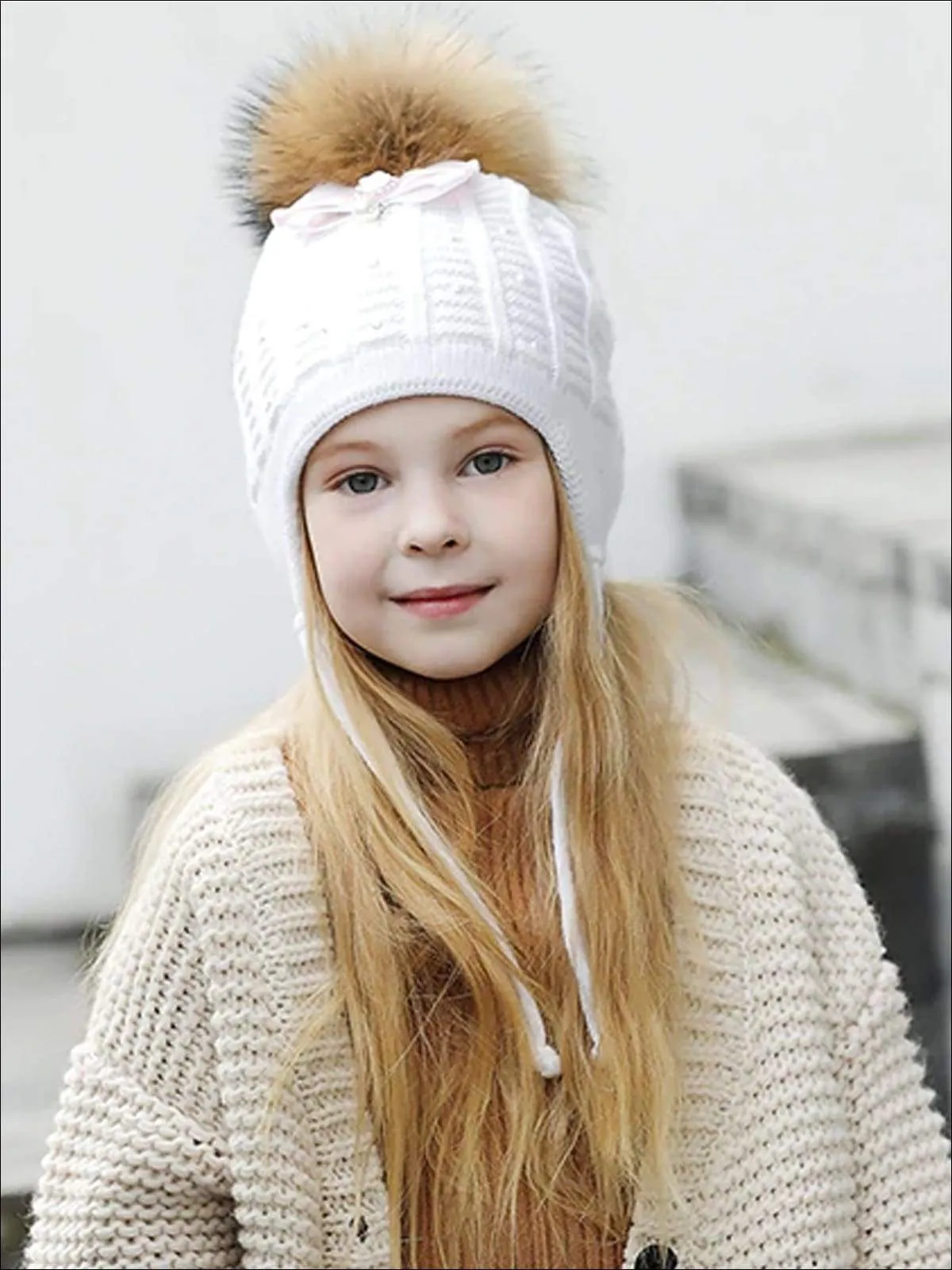 Girls Casual Fall Cable Knit Pom Pom Beanie