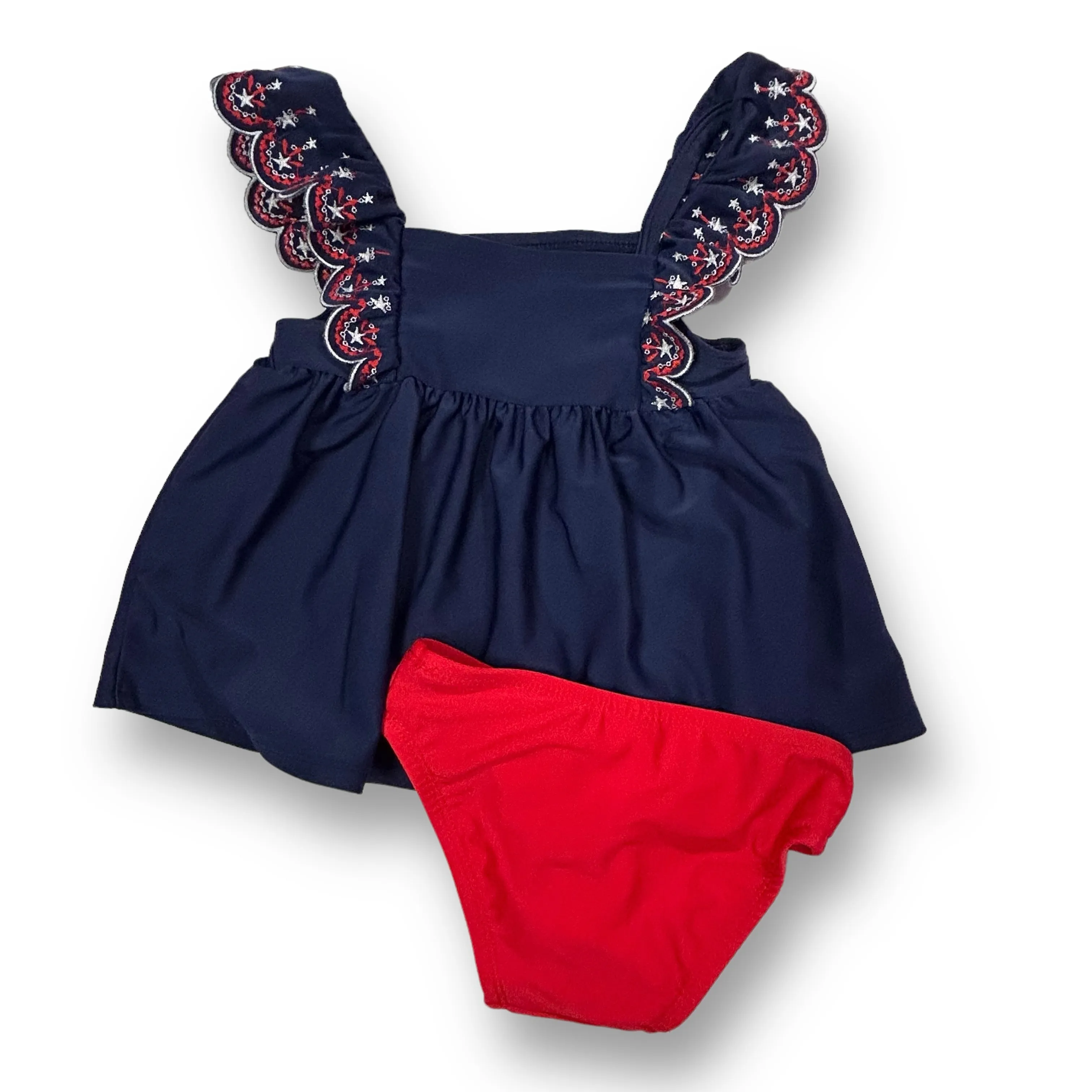 Girls Cat & Jack Size 2T Red & Navy Embroidered Ruffle 2-Pc Bathing Suit