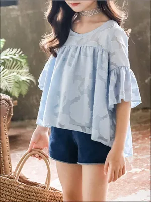 Girls Chiffon Flare Sleeve Hi-Low Top & Denim Shorts Set