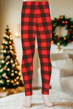 Girls Christmas Red Plaid Leggings, Kids Yoga Pants, Sizes S/L, No-Roll Waist, Red/Black