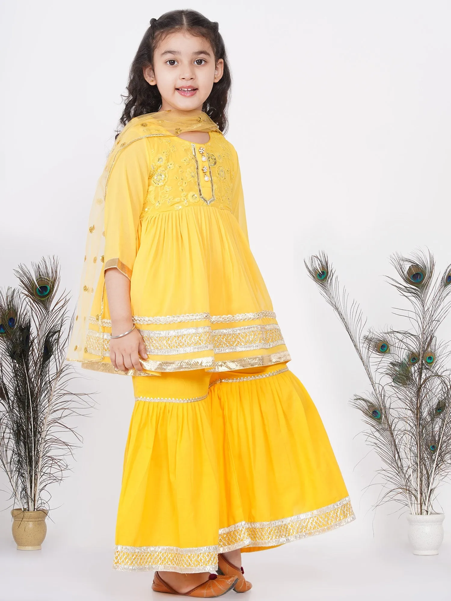 Girl's Cotton And Georgette Jaipuri Lacework And Gotta Patti Work Kurta Frock With Sharara And Dupatta - Yellow - Little Bansi Girls