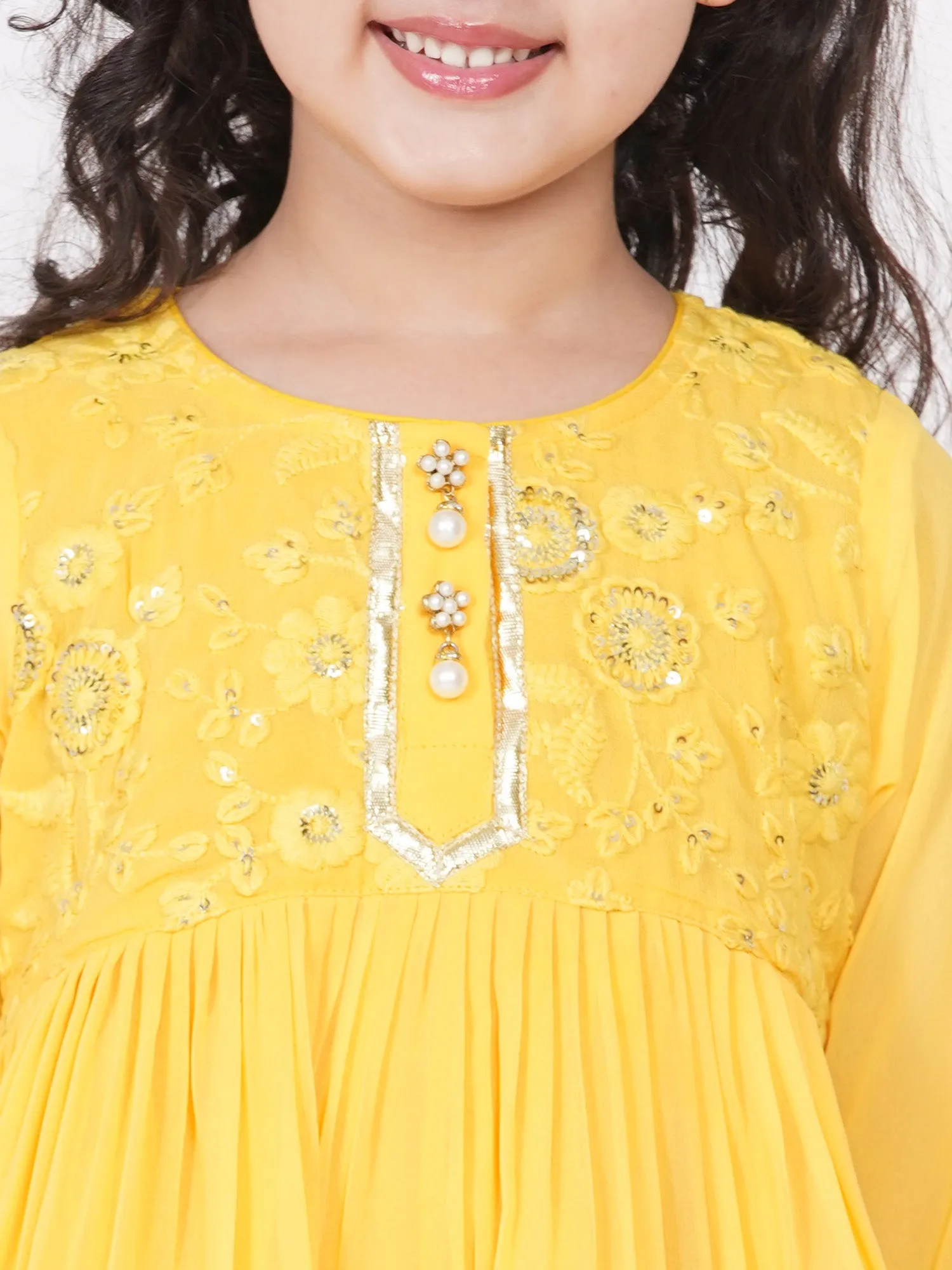 Girl's Cotton And Georgette Jaipuri Lacework And Gotta Patti Work Kurta Frock With Sharara And Dupatta - Yellow - Little Bansi Girls