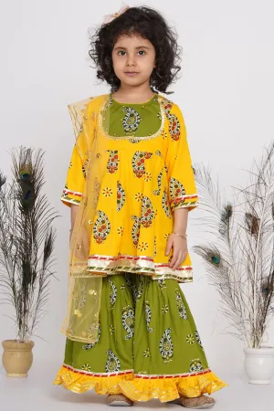 Girl's Cotton Floral Jaipuri Kurta With Gunghroo Work, Frill Sharara And Dupatta - Yellow And Green - Little Bansi Girls