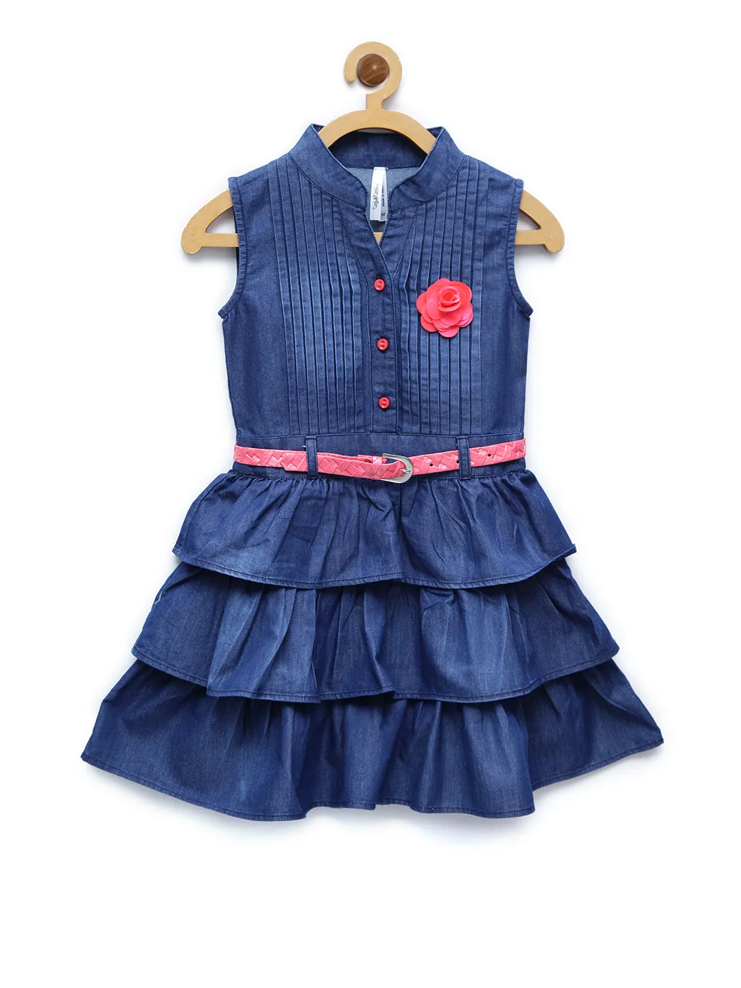 Girl's  Dark Blue Denim Hi Lo Dress With Belt - StyleStone Kid