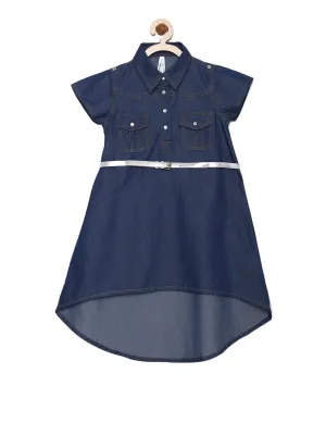 Girl's  Dark Blue Denim Hi Lo Dress With Belt - StyleStone Kid