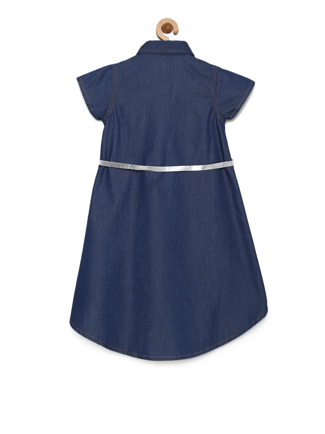 Girl's  Dark Blue Denim Hi Lo Dress With Belt - StyleStone Kid