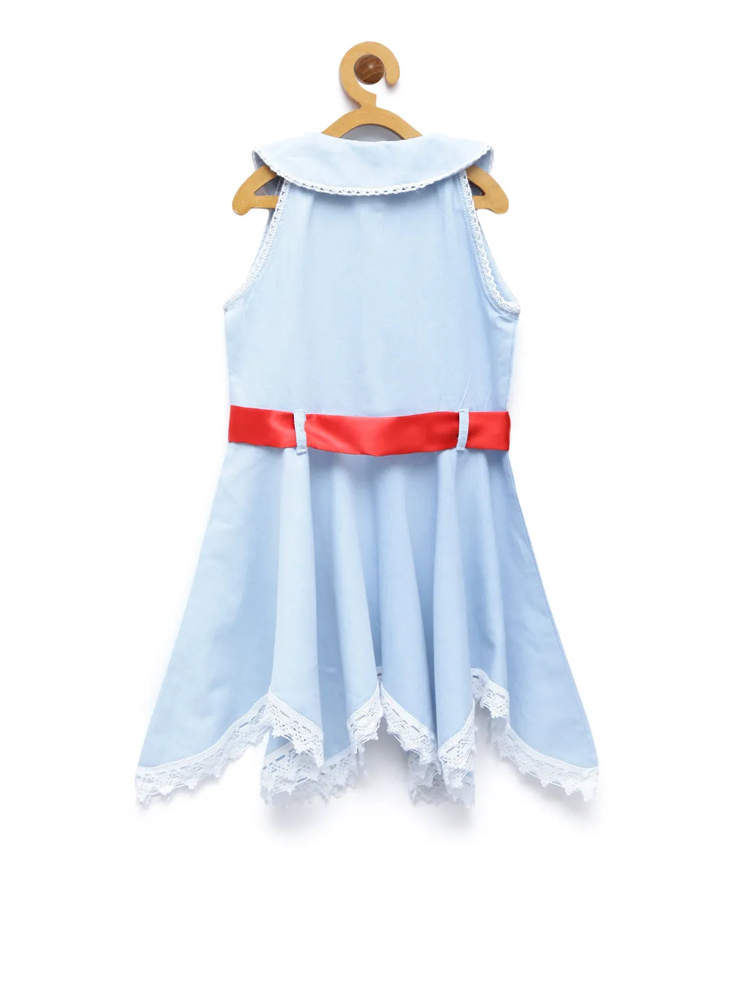 Girl's  Denim Asymmetrical Hemline Dress With Red Belt - StyleStone Kid