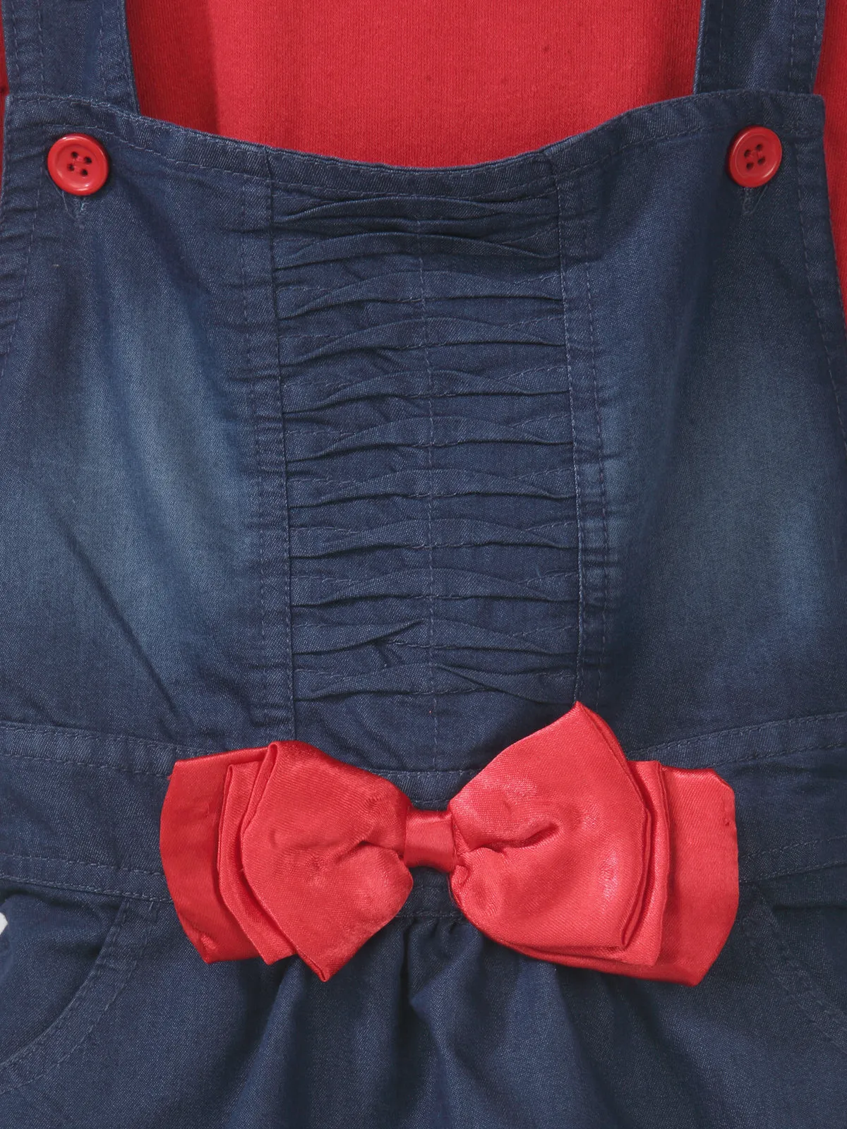 Girl's  Denim Dungaree Skirt With Red Sleeveless Inner Top - StyleStone Kid