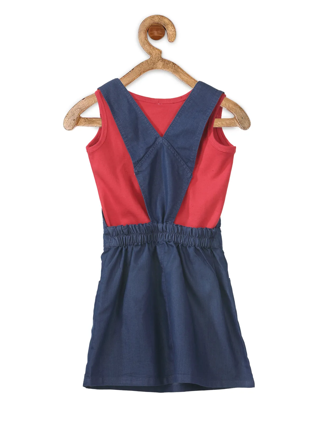 Girl's  Denim Dungaree Skirt With Red Sleeveless Inner Top - StyleStone Kid