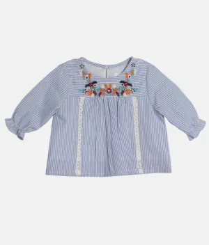 Girls Embroidered Top - Blue Stripes