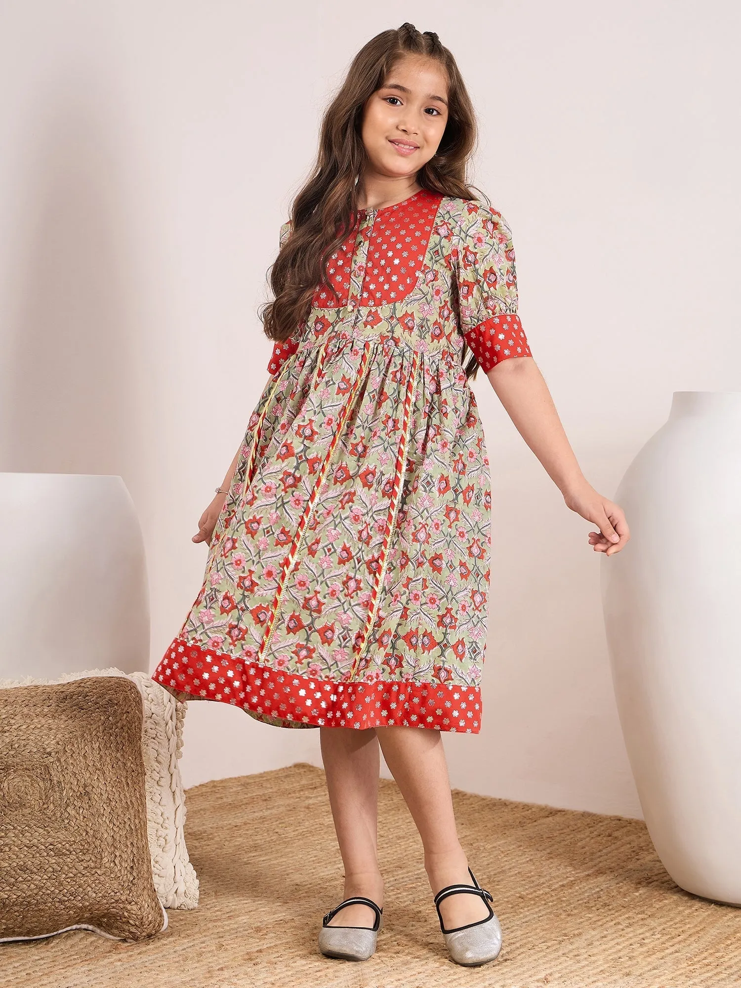 Girls Ethnic Motifs Print Empire Midi Dress - PS Peaches