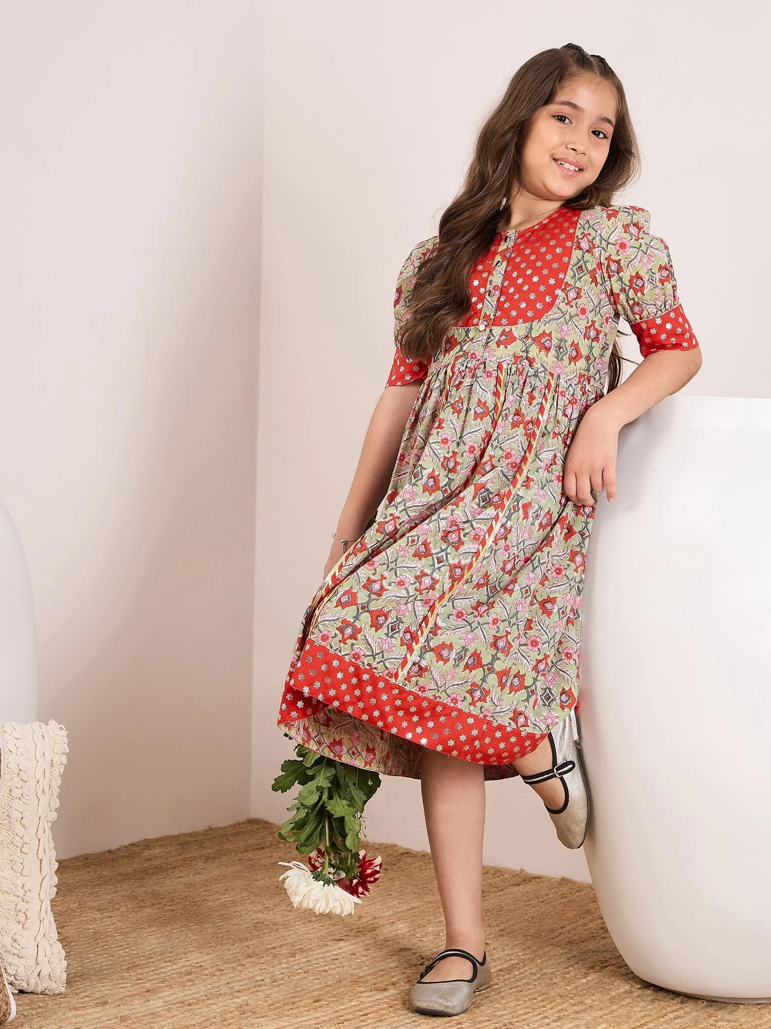 Girls Ethnic Motifs Print Empire Midi Dress - PS Peaches