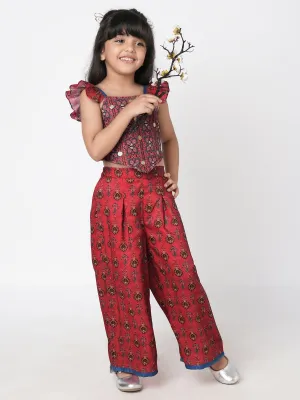 Girls Ethnic Twist Girls Red Print Box Pleat Pant With Top Co-Ordinate Set - Lil Drama