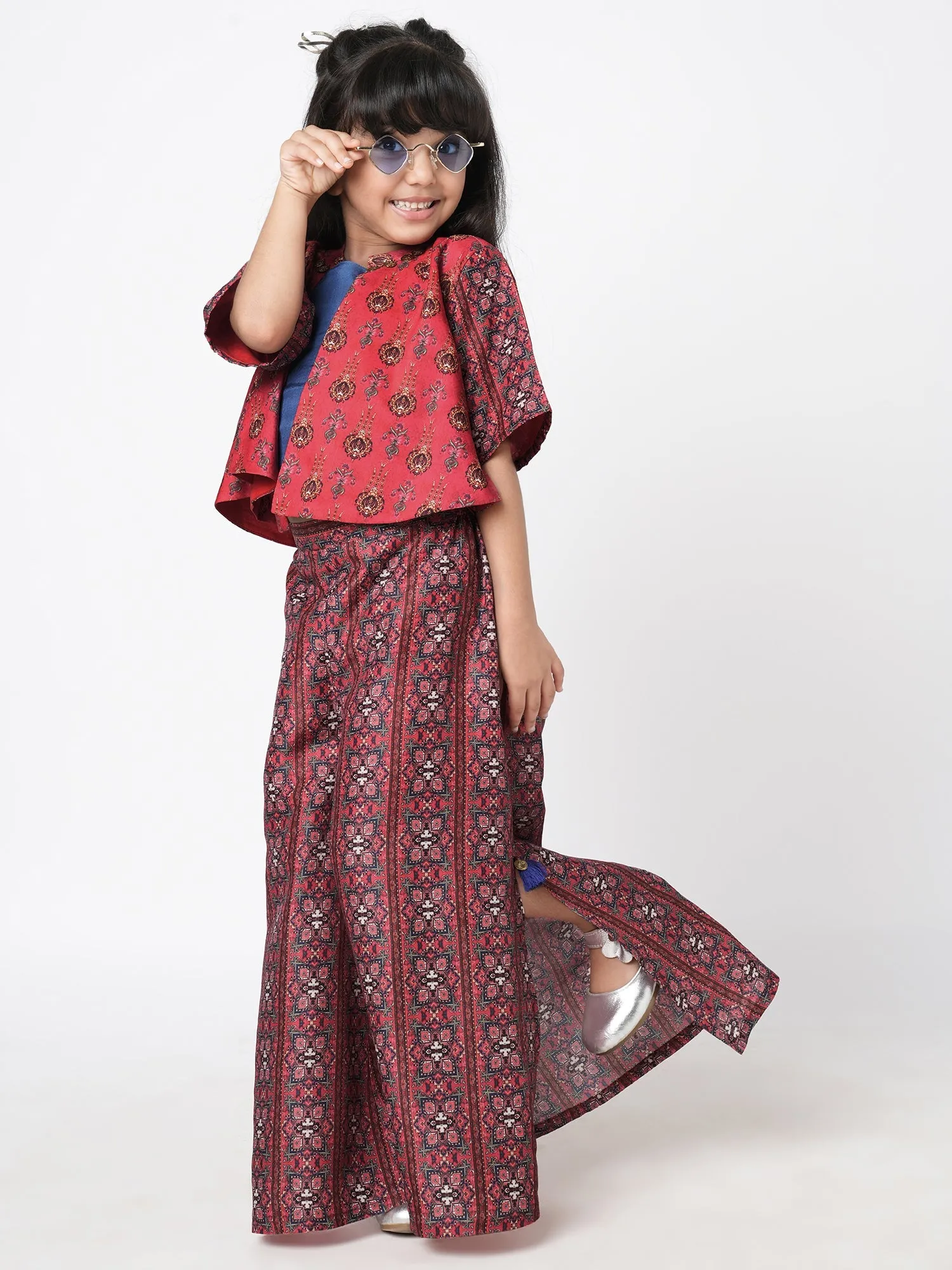 Girls Ethnic Twist Girls Red  Print Flared Palazzo With Top And Jacket Co-Ordinate Set - Lil Drama